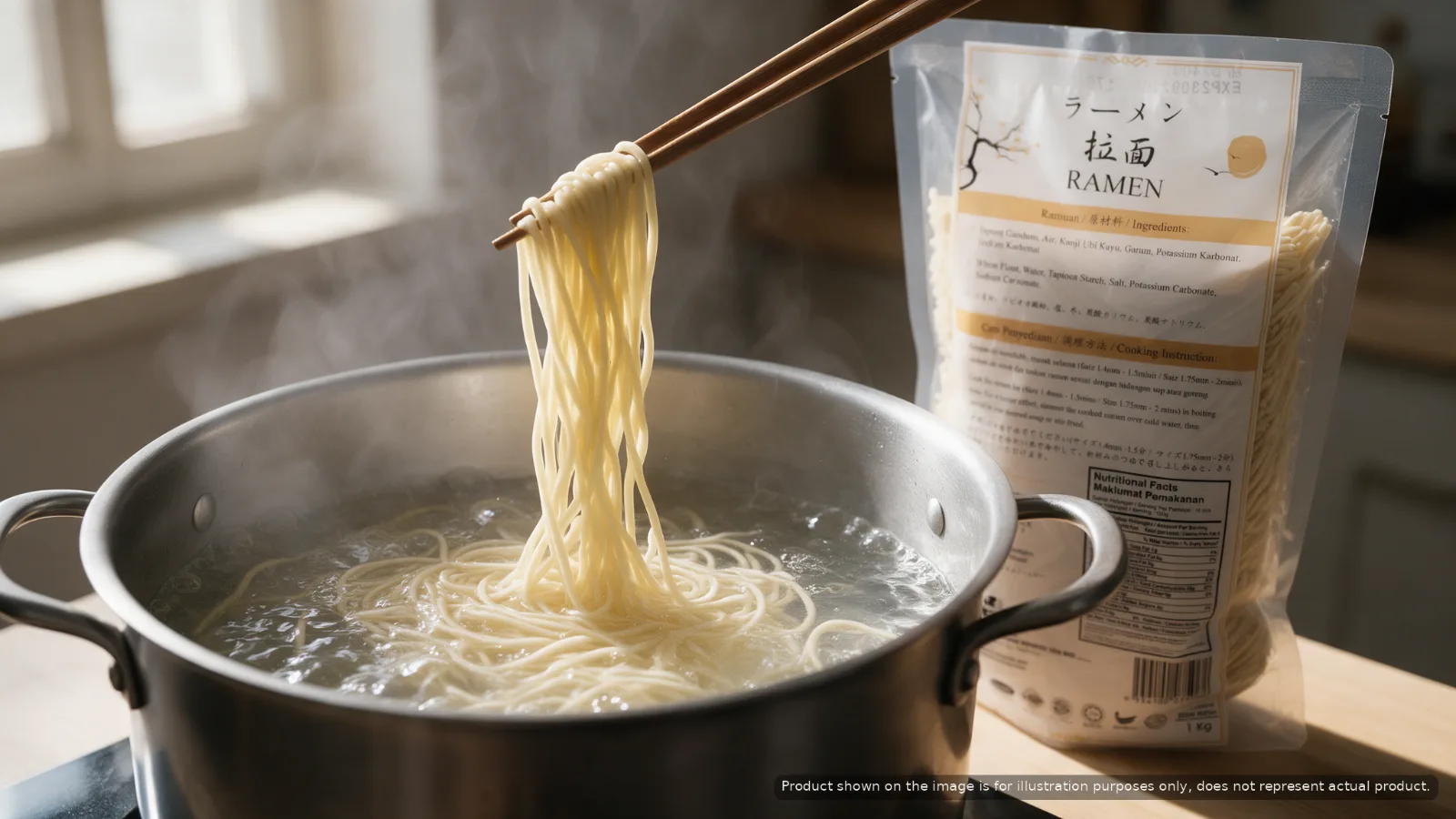Ippin Ramen noodles lifted from a pot of boiling water beside an Ippin Ramen pack