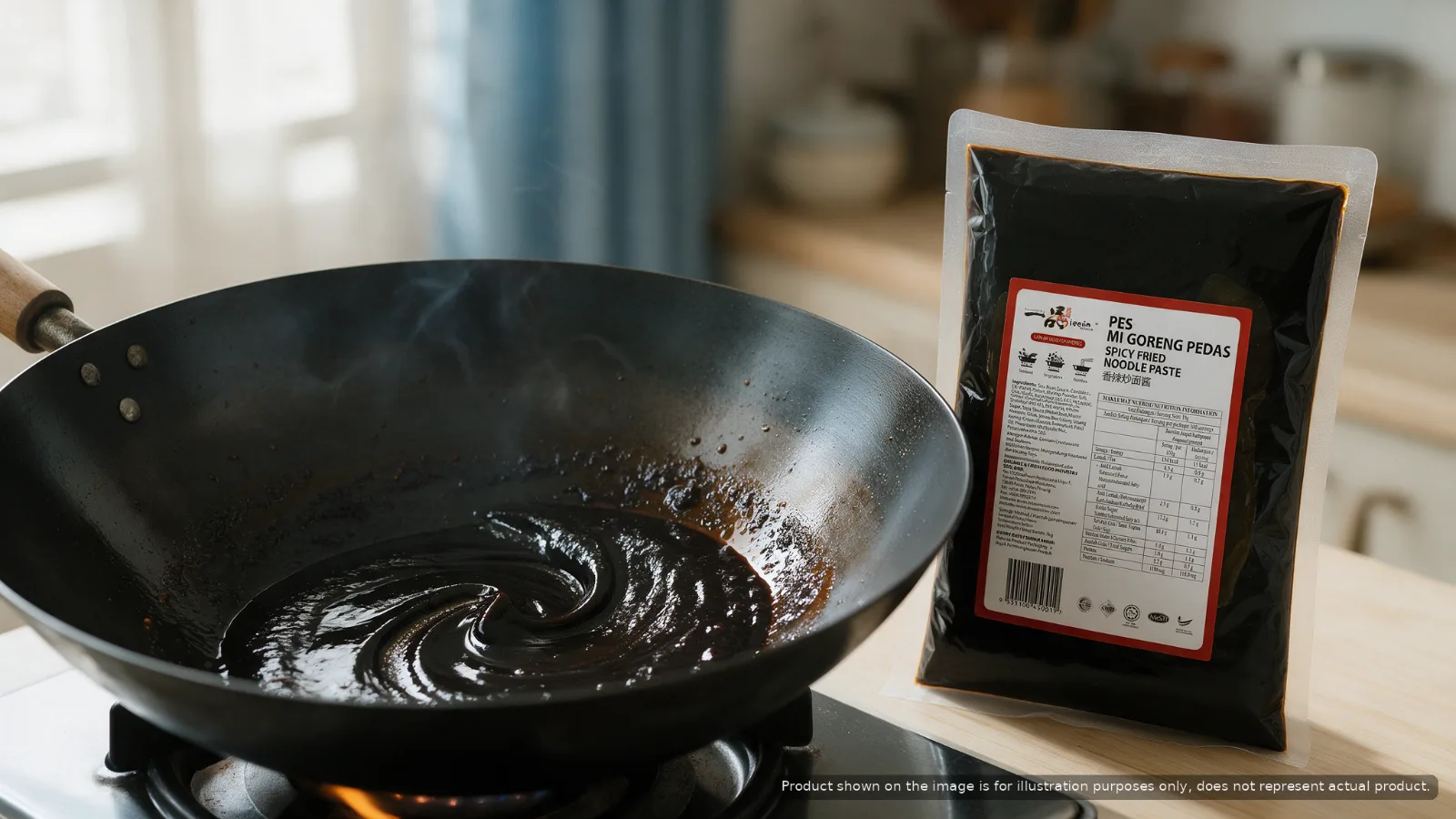 Ippin Spicy Fried Noodle Paste warming in a wok