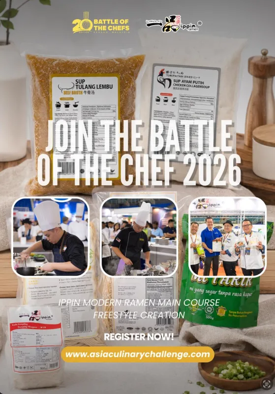 Battle of the Chefs 2026 poster for the Ippin Modern Ramen Main Course Freestyle Creation class, with Ippin products and chefs at work